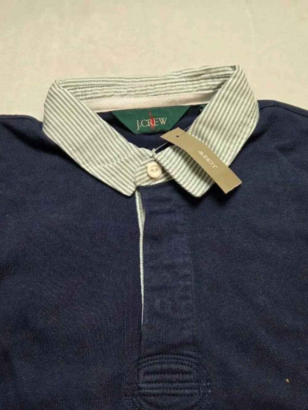 New S J.Crew rugby shirt with striped oxford collar Navy longsleve polo